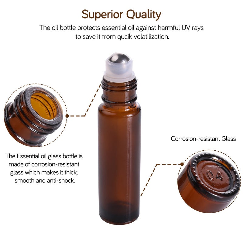 PrettyCare 24 Pack, 10 ml Essential Oil Roller Bottles with Stainless Steel Roller Ball - Refillable Leak-proof Empty Thick Amber Glass Roll on Bottles with Metal Caps for Travel, Perfume - Image 4